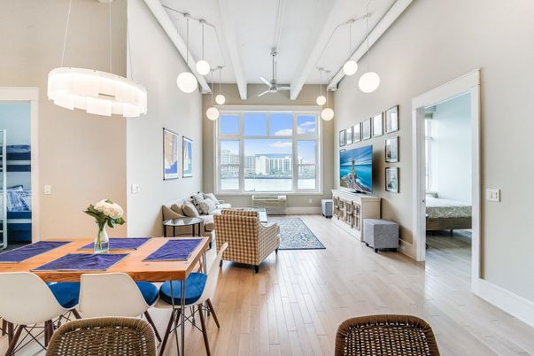 Dining room, Interior, Living room, Pendant Lights, Water, Wood Texture Flooring