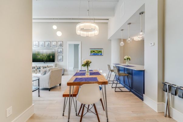 Dining room, Interior, Living room, Pendant Lights, Wood Texture Flooring