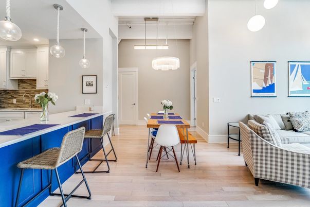 Dining room, Interior, Pendant Lights, Recessed Lighting, Wood Texture Flooring