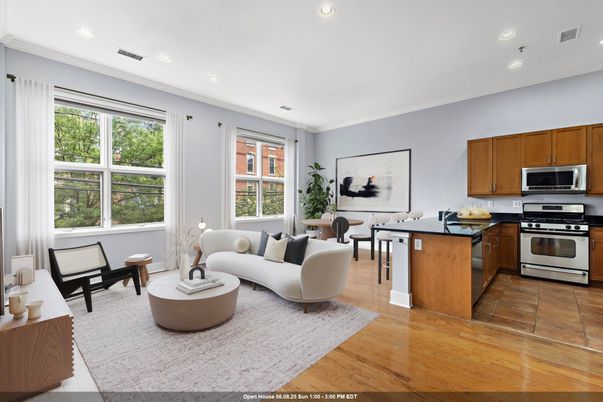 Dining room, Interior, Kitchen, Living room, Recessed Lighting, Stainless Steel Appliances, Wood Texture Flooring