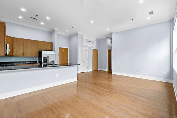 Empty room, Interior, Kitchen, Recessed Lighting, Wood Texture Flooring