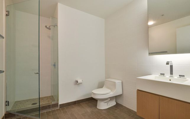 Bathroom, Glass Shower, Interior, Recessed Lighting, Wood Texture Flooring