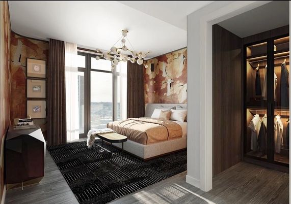 Bedroom, Chandelier, Interior, Wood Texture Flooring