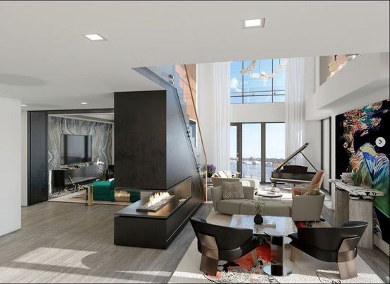 Fireplace, Interior, Living room, Piano, Recessed Lighting, Wood Texture Flooring