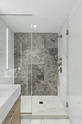 Bathroom, Glass Shower, Interior, Marble, Marble Walls, Recessed Lighting