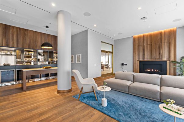 Fireplace, Interior, Living room, Pendant Lights, Recessed Lighting, Wood Texture Flooring