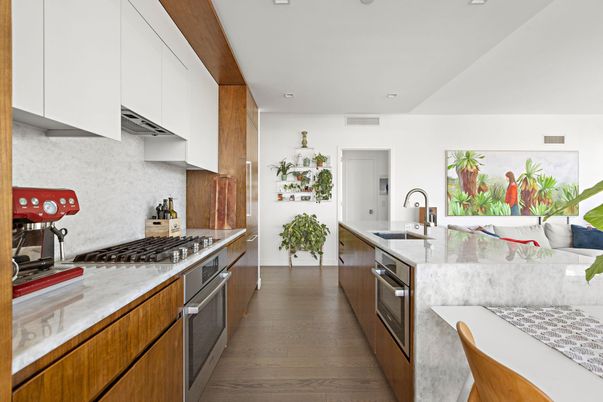 Interior, Kitchen, Recessed Lighting, Stainless Steel Appliances, Wood Texture Flooring