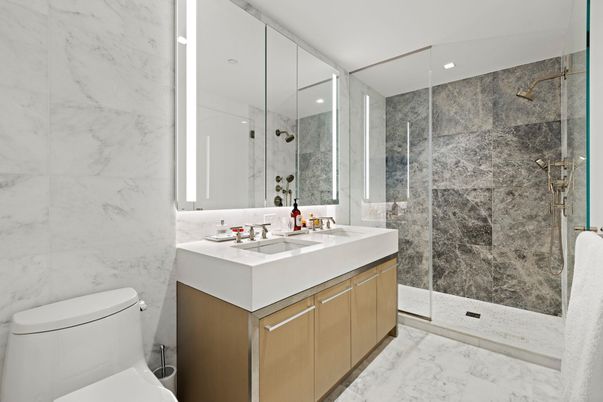 Bathroom, Glass Shower, Interior, Marble, Marble Walls, Recessed Lighting
