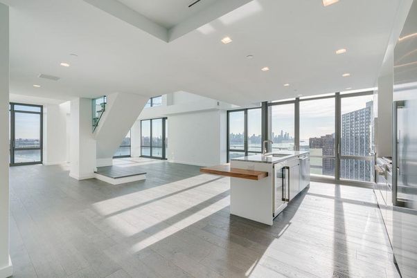 Interior, Kitchen, Recessed Lighting, Stainless Steel Appliances, Water, Wood Texture Flooring