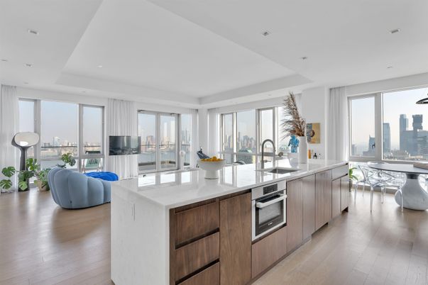 Dining room, Interior, Kitchen, Recessed Lighting, Stainless Steel Appliances, Water, Wood Texture Flooring
