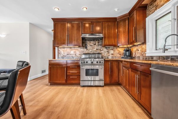 Interior, Kitchen, Recessed Lighting, Stainless Steel Appliances, Wood Texture Flooring