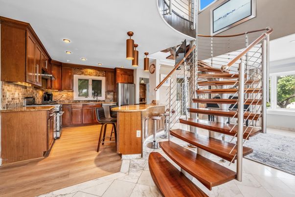 Interior, Kitchen, Marble, Recessed Lighting, Stainless Steel Appliances, Wood Texture Flooring
