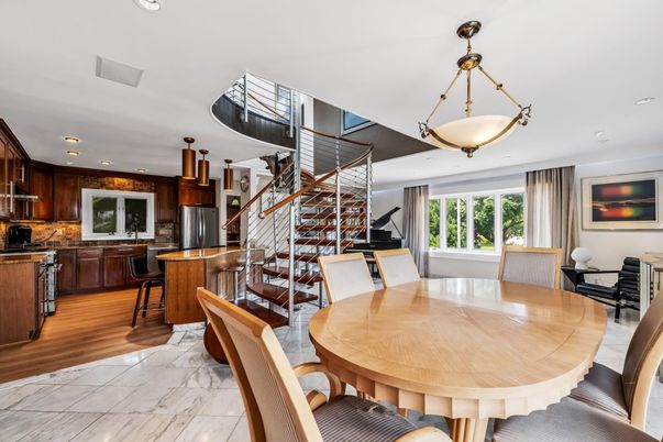 Dining room, Interior, Kitchen, Marble, Pendant Lights, Recessed Lighting, Wood Texture Flooring