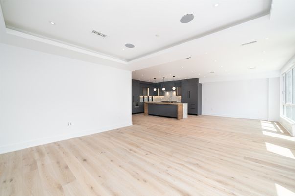 Empty room, Interior, Kitchen, Pendant Lights, Recessed Lighting, Wood Texture Flooring