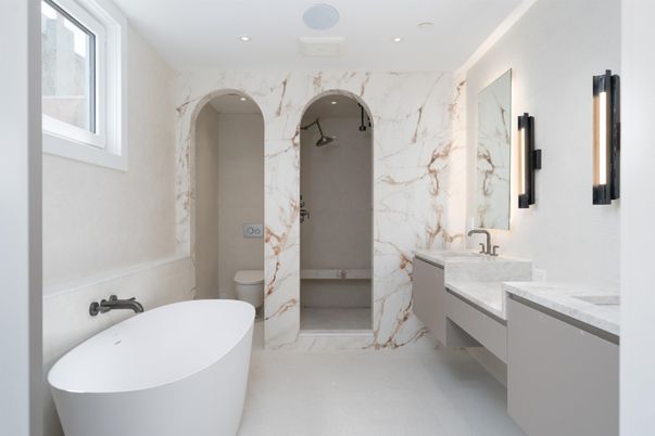 Bathroom, Dual Sink Vanities, Free Standing Baths, Interior, Marble Walls, Recessed Lighting