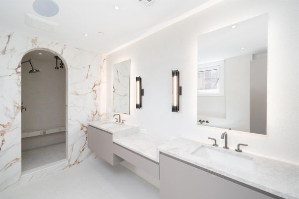 Bathroom, Dual Sink Vanities, Interior, Marble Walls, Recessed Lighting