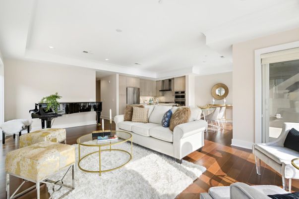 Interior, Kitchen, Living room, Piano, Recessed Lighting, Stainless Steel Appliances, Wood Texture Flooring