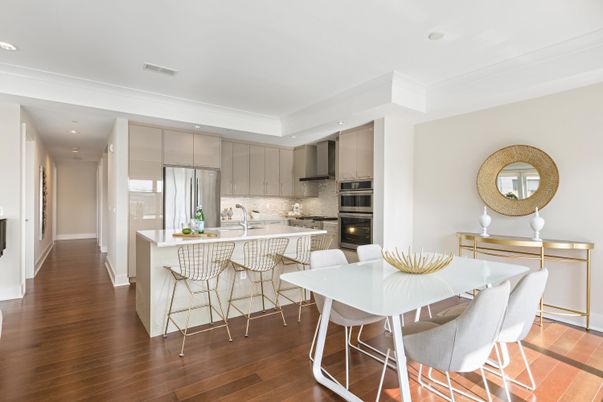 Dining room, Interior, Kitchen, Recessed Lighting, Stainless Steel Appliances, Wood Texture Flooring