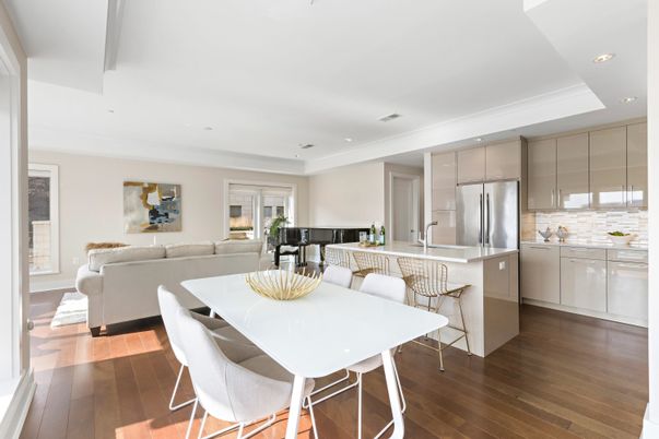Dining room, Interior, Kitchen, Living room, Recessed Lighting, Stainless Steel Appliances, Wood Texture Flooring