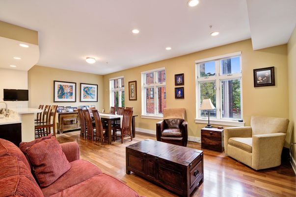 Dining room, Interior, Living room, Recessed Lighting, Wood Texture Flooring