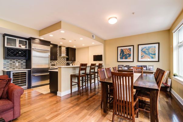 Dining room, Interior, Kitchen, Recessed Lighting, Stainless Steel Appliances, Wood Texture Flooring