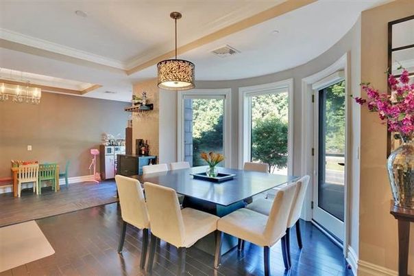 Chandelier, Dining room, Interior, Pendant Lights, Wood Texture Flooring