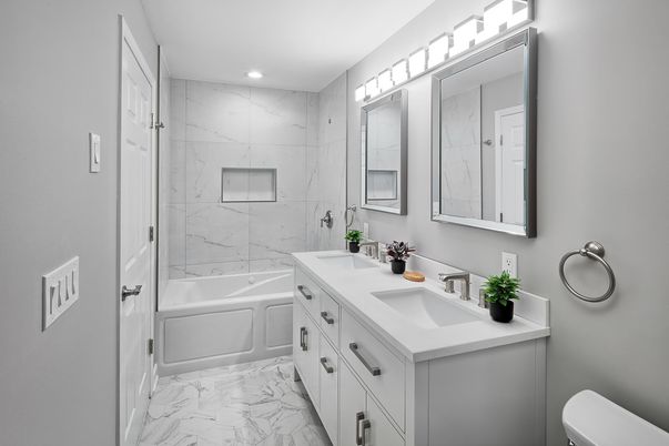 Bathroom, Dual Sink Vanities, Interior, Marble, Marble Walls, Recessed Lighting