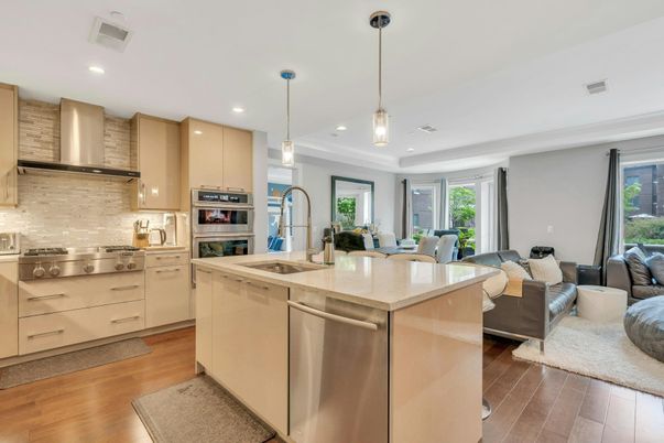 Interior, Kitchen, Living room, Pendant Lights, Recessed Lighting, Stainless Steel Appliances, Wood Texture Flooring