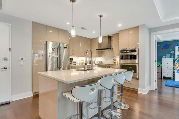 Interior, Kitchen, Pendant Lights, Recessed Lighting, Stainless Steel Appliances, Wood Texture Flooring