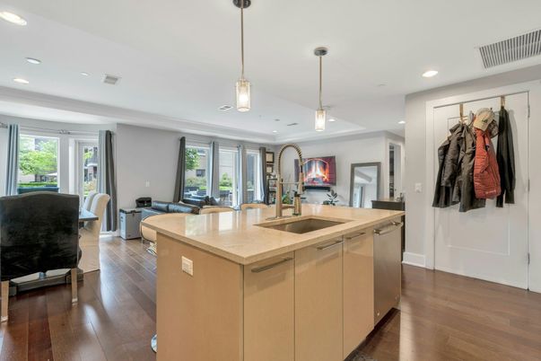 Fireplace, Interior, Kitchen, Pendant Lights, Recessed Lighting, Wood Texture Flooring