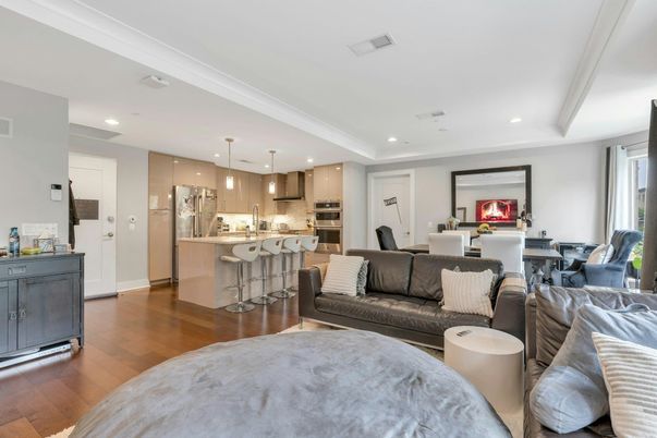 Dining room, Interior, Kitchen, Living room, Pendant Lights, Recessed Lighting, Stainless Steel Appliances, Wood Texture Flooring