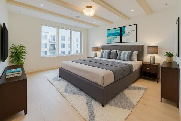 Bedroom, Interior, Recessed Lighting, Wooden Beams, Wood Texture Flooring