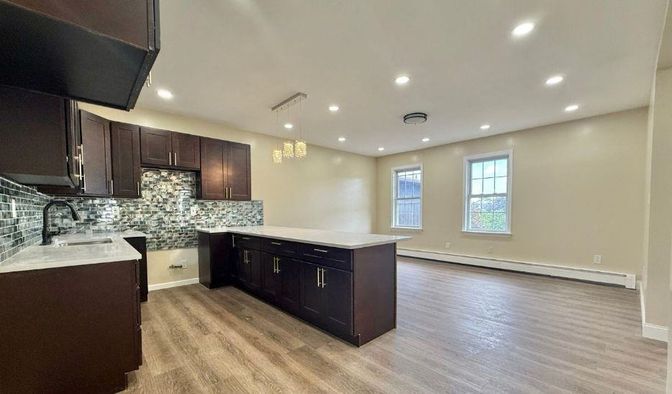 Interior, Kitchen, Pendant Lights, Recessed Lighting, Wood Texture Flooring