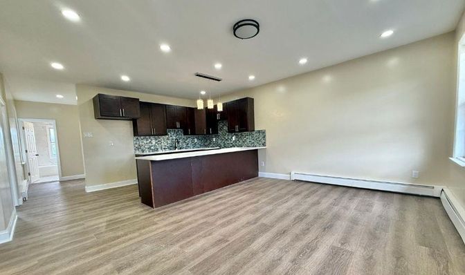 Chandelier, Interior, Kitchen, Recessed Lighting, Wood Texture Flooring