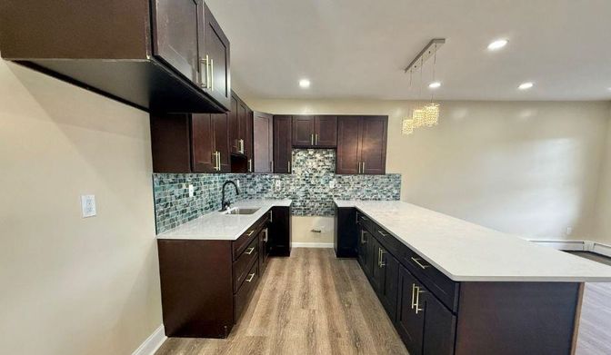 Chandelier, Interior, Kitchen, Pendant Lights, Recessed Lighting, Wood Texture Flooring