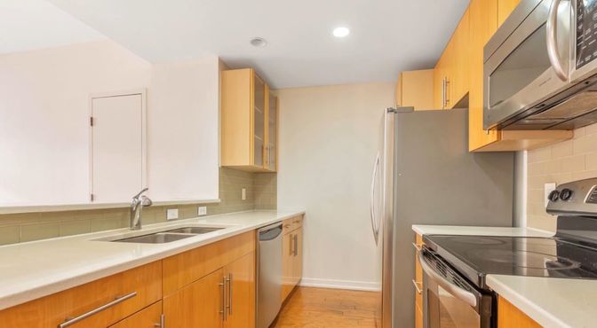 Interior, Kitchen, Recessed Lighting, Stainless Steel Appliances, Wood Texture Flooring