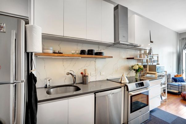 Interior, Kitchen, Marble Walls, Stainless Steel Appliances, Wood Texture Flooring