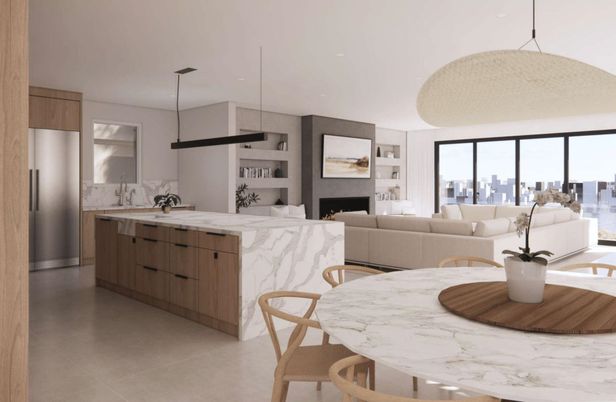 Dining room, Fireplace, Interior, Kitchen, Living room, Pendant Lights, Water