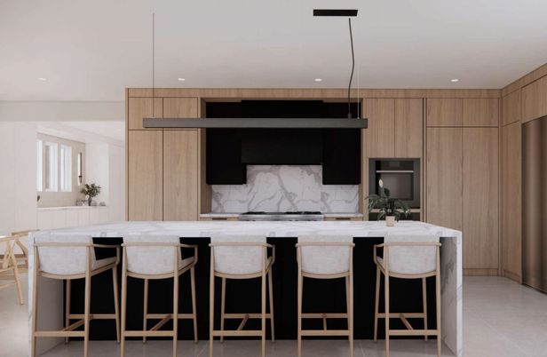 Interior, Kitchen, Marble Walls, Pendant Lights, Recessed Lighting