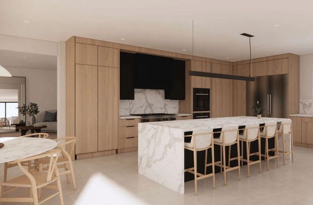 Interior, Kitchen, Marble Walls, Pendant Lights, Recessed Lighting