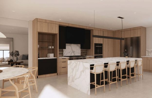Interior, Kitchen, Marble Walls, Pendant Lights, Recessed Lighting