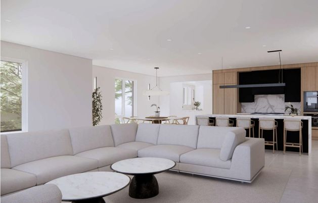 Dining room, Interior, Kitchen, Living room, Marble Walls, Pendant Lights, Recessed Lighting