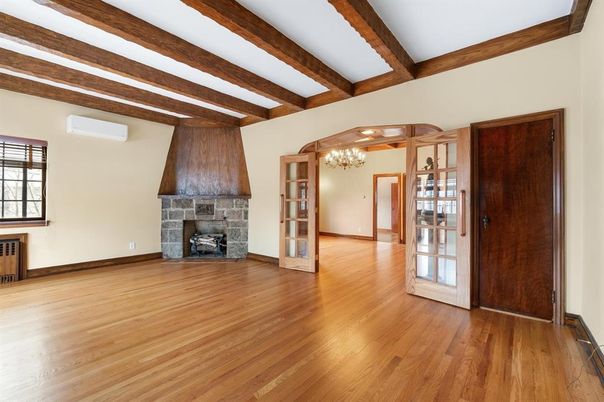 Chandelier, Empty room, Fireplace, Interior, Wooden Beams, Wood Texture Flooring
