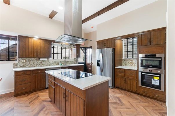 Interior, Kitchen, Recessed Lighting, Stainless Steel Appliances, Wooden Beams, Wood Texture Flooring