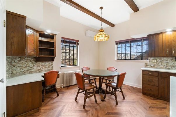Dining room, Interior, Pendant Lights, Recessed Lighting, Wooden Beams, Wood Texture Flooring
