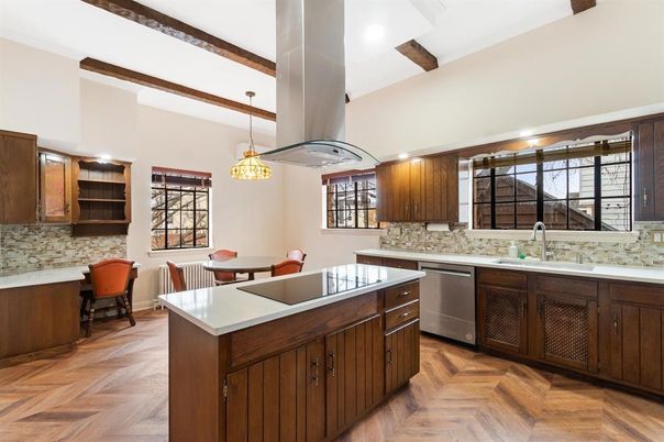 Dining room, Interior, Kitchen, Pendant Lights, Recessed Lighting, Wooden Beams, Wood Texture Flooring