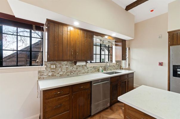 Interior, Kitchen, Recessed Lighting, Stainless Steel Appliances, Wooden Beams, Wood Texture Flooring