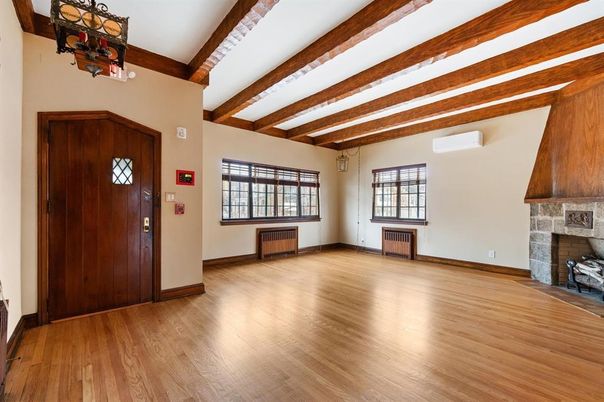 Empty room, Fireplace, Interior, Wooden Beams, Wood Texture Flooring