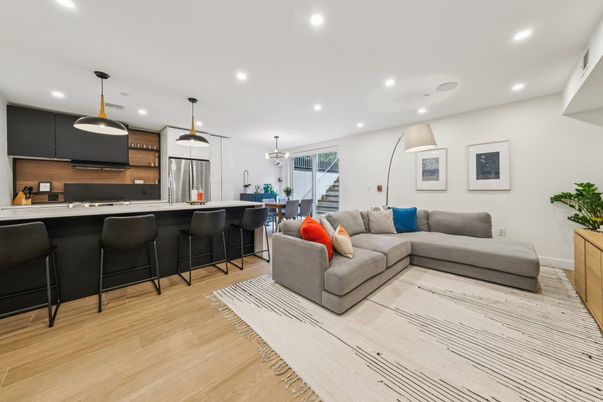 Dining room, Interior, Kitchen, Living room, Pendant Lights, Recessed Lighting, Stainless Steel Appliances, Wood Texture Flooring