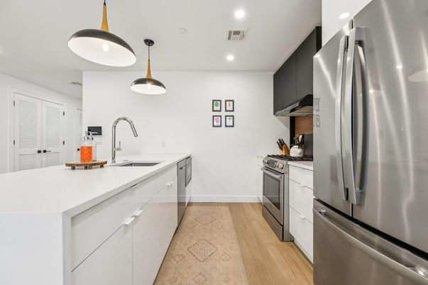 Interior, Kitchen, Pendant Lights, Recessed Lighting, Stainless Steel Appliances, Wood Texture Flooring